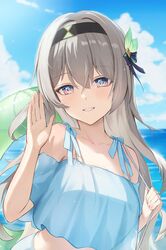  1girl absurdres alternate_costume black_hairband blue_pupils blue_shirt blue_sky breasts clenched_teeth clouds collarbone cropped_shirt day firefly_(honkai:_star_rail) grey_hair hairband hand_up highres honkai:_star_rail honkai_(series) horizon hoshikemuri innertube large_breasts looking_at_viewer midriff ocean open_mouth purple_hair shirt sky solo swim_ring teeth upper_body 