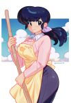  1girl absurdres apron bamboo_broom blue_eyes border breasts broom clouds collared_shirt constellor cowboy_shot denim from_side highres holding holding_broom jeans large_breasts long_hair long_sleeves maison_ikkoku otonashi_kyouko pants pink_sweater piyo_piyo_apron ponytail shirt smile solo sweater white_border 