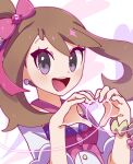  1girl :d bow brown_hair earrings grey_eyes hair_bow hands_up heart heart_hands heart_in_heart_hands heart_of_string highres jewelry may_(pokemon) medium_hair omochi_(omotimotittona3) one_side_up open_mouth pink_bow pokemon pokemon_oras round_teeth smile solo teeth upper_body upper_teeth_only 