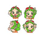 1girl :&gt; blush chibi double_v fukomo goggles goggles_on_head green_eyes green_hair gumi multiple_views open_mouth puckered_lips red_goggles simple_background sleeveless smile upper_body v vocaloid white_background wrist_cuffs 