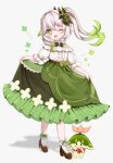  1girl alternate_costume aranara_(genshin_impact) belt bow bow_legwear bright_pupils brown_belt brown_footwear cross-shaped_pupils dress dress_bow floating_hair frills full_body genshin_impact gradient_hair green_bow green_dress green_eyes green_hair grey_hair highres long_hair looking_at_viewer multicolored_hair nahida_(genshin_impact) one_eye_closed open_mouth pointy_ears pomufuwari shirt short_sleeves side_ponytail simple_background smile socks solo symbol-shaped_pupils white_background white_pupils white_shirt white_socks 