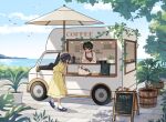  1boy 1girl arisa_(aren) bird black_footwear black_hair blue_sky bow brown_eyes cat clouds dress english_text food_truck hat hat_bow highres horizon original outdoors plant potted_plant sky smile string_of_light_bulbs umbrella vines water yellow_dress 