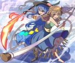  2girls barefoot black_hat blue_hair blue_skirt boots brown_footwear brown_hair circlet commentary_request dress full_body hat hinanawi_tenshi holding holding_sword holding_weapon long_hair looking_at_viewer medium_hair multicolored_clothes multicolored_dress multiple_girls open_mouth red_eyes ruyi_jingu_bang shirt short_sleeves skirt son_biten sword sword_of_hisou syope touhou weapon white_shirt 