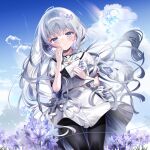  1girl blue_eyes blue_sky blunt_ends blush chi_no closed_mouth clouds cloudy_sky eyelashes flower hair_ornament hairclip highres long_hair looking_at_viewer naruse_shiroha shirt short_sleeves sidelocks skirt sky solo summer_pockets very_long_hair white_hair white_shirt 