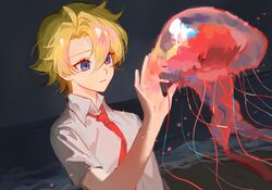 1boy ahoge animal animification bishounen blonde_hair collared_shirt commentary english_commentary eyelashes freckles highres humanization jellyfish male_focus necktie re-connection red_necktie shirt short_sleeves solo spongebob_squarepants spongebob_squarepants_(character) spongebob_squarepants_(series) upper_body violet_eyes