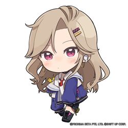  1girl black_footwear blush boots chibi closed_mouth collared_shirt commentary dress_shirt earrings ein_(nikke) english_commentary goddess_of_victory:_nikke hair_ornament hairclip highres hoop_earrings jacket jewelry light_brown_hair light_frown long_hair long_sleeves looking_at_viewer necktie necktie_in_pocket no_nose nose_blush official_art red_necktie shirt sleeves_past_fingers sleeves_past_wrists solo standing totatokeke violet_eyes white_shirt 