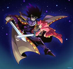  2boys armor battle black_hair blue_eyes blue_outline boots brown_cloak child clenched_teeth cloak closed_mouth commentary_request dark_matter_blade face-to-face fighting fingerless_gloves floating floating_clothes floating_hair frown full_body gloves greaves holding holding_sword holding_weapon hood hood_down hoodie kirby kirby's_dream_land_2 kirby_(series) knee_boots long_sleeves looking_at_another male_focus mato_(mozu_hayanie) multiple_boys one-eyed outline pale_skin pauldrons personification pink_gloves pink_hair pink_hoodie purple_footwear purple_tunic red_footwear sabaton short_hair short_sleeves shoulder_armor signature sleeves_past_wrists space spiky_hair star_(sky) star_(symbol) sword teeth triangle_print tunic weapon wide_sleeves 