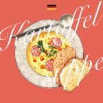  bread carrot cheese food food_focus food_name german_flag highres meat nasie no_humans original plate potato_soup red_background simple_background soup spoon 