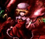 1girl ascot blonde_hair closed_mouth cowboy_shot flandre_scarlet frilled_skirt frills hat hat_ribbon kenchou_(norihisade0423) light_smile looking_at_viewer medium_hair multicolored_wings puffy_short_sleeves puffy_sleeves red_background red_eyes red_ribbon red_skirt red_theme red_vest ribbon short_sleeves skirt solo touhou vest white_hat wings yellow_ascot 