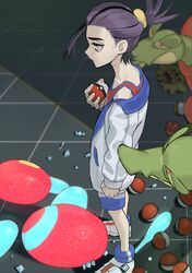  1boy apple black_hair blue_socks closed_mouth colored_sclera food from_side fruit highres holding holding_poke_ball hydrapple jacket kieran_(pokemon) long_sleeves male_focus mask mole mole_on_neck multicolored_hair open_clothes open_jacket poke_ball poke_ball_(basic) pokemon pokemon_(creature) pokemon_sv porygon-z purple_hair rare_candy red_tank_top revive_(pokemon) serota shorts socks solo standing tank_top white_footwear yellow_eyes yellow_sclera 