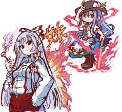  2girls apron black_hat blue_hair blue_skirt bow brown_footwear candy closed_mouth collared_shirt fire food fruit fujiwara_no_mokou grey_hair hair_between_eyes hat hinanawi_tenshi holding holding_candy holding_food holding_lollipop lollipop long_hair long_sleeves looking_at_viewer multicolored_bow multiple_girls pants peach puyopuyo red_eyes red_pants shinmon_akika shirt skirt smile suspenders sword touhou translation_request waist_apron weapon white_background white_shirt 