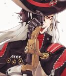  1boy badge black_hair black_hat black_jacket boothill_(honkai:_star_rail) bullet_earrings cowboy_hat cropped_jacket crosshair_pupils cyborg earrings hair_over_one_eye hat hat_tip highres honkai:_star_rail honkai_(series) jacket jewelry long_hair looking_at_viewer male_focus mechanical_arms mole mole_under_eye multicolored_hair multiple_moles nara_kio open_mouth partially_unzipped red_eyes sharp_teeth simple_background solo teeth tongue tongue_out two-tone_hair upper_body white_background white_hair zipper zipper_pull_tab 