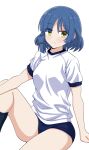  1girl blue_buruma blue_hair blue_shorts blue_socks blush bocchi_the_rock! breasts buruma gym_shirt gym_uniform hair_ornament hairclip highres knee_up looking_at_viewer medium_breasts ponzu_rui sad shirt short_shorts shorts sitting socks sportswear t-shirt white_shirt yamada_ryo yellow_eyes 