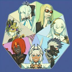  3girls 4boys anastasia_(fate) animal_ears ashwatthama_(fate) blonde_hair blue_eyes caenis_(fate) cigarette dark-skinned_female dark-skinned_male dark_skin fate/grand_order fate_(series) feng_cheng_(kanon91426) glasses grey_hair grin highres holding holding_cigarette mask morgan_le_fay_(fate) mouth_mask multiple_boys multiple_girls ponytail prince_of_lan_ling_(fate) red_eyes redhead sigurd_(fate) smile sunglasses surtr_(fate) tezcatlipoca_(fate) tiara violet_eyes white_hair yellow_eyes 