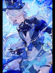  1girl ascot black_gloves blue_ascot blue_bow blue_eyes blue_gemstone blue_hair blue_hat blue_jacket blue_ribbon bow commentary_request cowboy_shot furina_(genshin_impact) gem genshin_impact gloves grnl_gnsn hat hat_bow hat_ribbon highres holding holding_sword holding_weapon hydrokinesis jacket kodona light_blue_hair lolita_fashion long_hair looking_at_viewer multicolored_hair pillarboxed ribbon shorts smile solo splendor_of_tranquil_waters_(genshin_impact) streaked_hair sword thigh_strap twitter_username very_long_hair water weapon white_hair white_shorts 