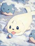  :3 animal_focus arc_draws black_eyes bright_pupils closed_mouth day fangs fangs_out highres lying no_humans on_stomach outdoors pokemon pokemon_(creature) seel smile snow spheal tongue tongue_out white_pupils 