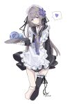  1girl absurdres black_choker blush brown_hair choker doll_joints flower hair_flower hair_intakes hair_ornament heart herta_(honkai:_star_rail) highres holding holding_tray honkai:_star_rail honkai_(series) jewelry joints key key_necklace light_smile long_hair looking_at_viewer maid maid_headdress necklace orb ren_(renjiyu) signature simple_background single_thighhigh solo speech_bubble spoken_heart thigh-highs tray violet_eyes white_background 