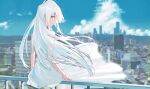  1girl absurdres bare_shoulders blue_sky cityscape clouds day dress floating_hair highres kurobeko_(kur0bek0) light_smile long_hair looking_at_viewer original outdoors parted_lips profile railing sideways_glance sitting sky solo white_dress white_hair wind yellow_eyes 