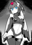  1girl absurdres android armor blue_eyes blush buzzlyears cowboy_shot crop_top fairy_leviathan_(mega_man) forehead_jewel helmet highres looking_at_viewer mega_man_(series) mega_man_zero_(series) monochrome robot_girl solo spot_color 