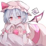  1girl absurdres ascot bat_wings bed blue_hair brooch hat hat_ribbon highres jewelry lying mob_cap on_bed on_stomach pink_hat red_ascot red_eyes remilia_scarlet ribbon riripika_2525 short_hair solo spear_the_gungnir touhou wings 