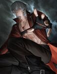  1boy belt_bra blue_eyes bonley clouds cloudy_sky coat dante_(devil_may_cry) devil_may_cry_(series) devil_may_cry_3 fingerless_gloves gloves hair_over_one_eye holding jacket long_hair looking_at_viewer male_focus red_coat sky solo white_hair 