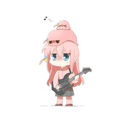  &gt;_&lt; 1girl bocchi_the_rock! brown_footwear chibi closed_eyes closed_mouth eighth_note electric_guitar gotoh_hitori gotoh_hitori_(octopus) gotoh_hitori_(tsuchinoko) grey_skirt guitar holding holding_instrument instrument jacket musical_note on_head pants pants_under_skirt pink_jacket pink_pants pleated_skirt plectrum rebecca_(keinelove) shoes simple_background skirt small_sweatdrop standing sweat tears track_jacket track_pants track_suit turning_head white_background 