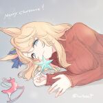  1girl animal_ears aqua_eyes blonde_hair breasts closed_mouth ear_ornament gold_city_(umamusume) grey_background horse_ears inutose long_hair looking_at_viewer lying merry_christmas on_side red_sweater sleeves_past_wrists small_breasts smile solo star_(symbol) sweater twitter_username umamusume upper_body 