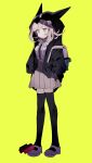  1girl absurdres animal_hood backpack bag black_jacket black_thighhighs blunt_bangs brown_skirt buttons cat_hood danganronpa_(series) danganronpa_2:_goodbye_despair expressionless full_body hands_in_pockets higa423 high-waist_skirt highres hood hood_up hooded_jacket jacket looking_ahead medium_hair nanami_chiaki neck_ribbon open_clothes open_jacket pink_bag pink_eyes pink_footwear pink_hair pink_ribbon ribbon shirt shirt_tucked_in skirt solo standing thigh-highs white_shirt yellow_background 