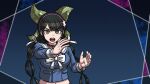  1girl bell black_hair blue_background blue_shirt blue_sleeves blunt_bangs bow bowtie breasts buttons chabashira_tenko choker collared_shirt commentary_request cowboy_shot danganronpa_(series) danganronpa_v3:_killing_harmony eyelashes fighting_stance floral_print green_bow green_eyes hair_bow hair_ornament hair_ribbon hairband large_breasts long_hair long_sleeves low_twintails midriff mole mole_under_mouth navel neck_bell official_style open_mouth outside_border parody pink_choker pink_hairband pocket polka_dot polka_dot_background ribbon sailor_collar sailor_shirt shirt simple_background solo style_parody teeth twintails upper_teeth_only v-shaped_eyebrows very_long_hair white_bow white_bowtie white_ribbon white_sailor_collar yumaru_(marumarumaru) 