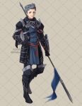  1boy alternate_costume armor armored_boots boots commission fire_emblem fire_emblem_fates flamingo_(eme324) green_eyes grey_hair highres holding holding_polearm holding_weapon male_focus polearm quiff shoulder_armor silas_(fire_emblem) solo weapon 