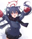  1girl animal_ears arms_up black_hair black_jacket black_skirt blazer blue_archive blush buttons cat_ears cowboy_shot extra_ears fang halo highres hinaumma jacket long_hair mittens open_mouth pleated_skirt red_eyes red_halo red_mittens serika_(blue_archive) skirt smile solo twintails 