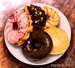  artist_logo commentary_request dated doughnut food food_focus icing no_humans ooranokohaku original pastry plate still_life table wooden_table 