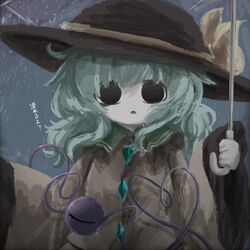  black_eyes black_hat bow buttons collar diamond_button fedora green_collar green_hair grey_sky hat hat_bow heart heart_of_string heripantomorrow holding holding_umbrella jacket komeiji_koishi long_sleeves looking_at_viewer medium_hair outdoors rain sky third_eye touhou translation_request umbrella wide_sleeves yellow_bow yellow_jacket 