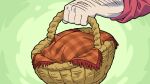  1boy arm_hair basket cloth commentary giving helltaker helltaker_(character) holding holding_basket kyo-hei_(kyouhei) object_focus red_shirt shirt sleeves_rolled_up solo symbol-only_commentary 