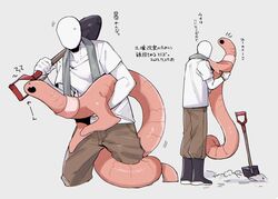  1boy animal artist_self-insert black_footwear boots brown_pants bug carrying carrying_under_arm colored_skin cropped_legs earthworm faceless full_body gloves holding holding_animal holding_shovel multiple_views open_mouth original oversized_animal pants planted planted_shovel rubber_boots sannota272 shirt short_sleeves shovel simple_background standing sweatdrop tail tail_wrap towel towel_around_neck translation_request white_background white_gloves white_shirt white_skin worm |_| 