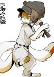  baseball baseball_uniform beanie blonde_hair commentary_request dog_boy full_body furry furry_male hat holding holding_stick original short_hair simple_background solo sportswear standing standing_on_one_leg stick translation_request white_background wintom yellow_eyes 