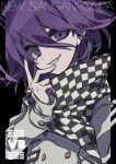  1boy belt black_background black_scarf buttons checkered_clothes checkered_scarf commentary copyright_name danganronpa_(series) danganronpa_v3:_killing_harmony double-breasted fingernails grin hair_between_eyes hand_on_own_face head_tilt highres jacket long_sleeves male_focus multicolored_background oma_kokichi purple_hair sameyama_jiro scarf short_hair simple_background smile solo two-tone_scarf upper_body violet_eyes white_belt white_jacket white_scarf wrist_belt 