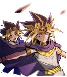  2boys absurdres atem blue_jacket blush cape closed_mouth cropped_legs earrings egyptian_clothes gokunobaka highres jacket jewelry multiple_boys muto_yugi outline outstretched_arm purple_cape spiky_hair toga violet_eyes white_background white_outline yu-gi-oh! yu-gi-oh!_duel_monsters 