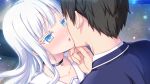  1boy 1girl aikotoba_-silver_snow_sister- any_(trueblue) black_hair blue_eyes blush choker close-up collarbone couple face-to-face game_cg hetero hoshitsugu_kotetsu hoshitsugu_shirone imminent_kiss inseki jacket long_hair looking_at_another non-web_source parted_lips sailor_collar step-siblings white_hair 