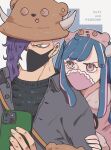  1boy 1girl blue_hair blunt_bangs brother_and_sister brown_hat character_name chiyo_(@ch_falgar) commentary_request hair_over_one_eye hand_on_another&#039;s_arm hat highres holding holding_phone horns jacket looking_at_another mask mouth_mask one_piece page_one_(one_piece) phone pink_eyes pink_hair purple_hair siblings ulti_(one_piece) upper_body 