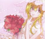  1girl blonde_hair bouquet breasts bridal_veil dress finger_to_mouth flower hair_between_eyes hamachamu holding holding_bouquet idolmaster idolmaster_cinderella_girls idolmaster_cinderella_girls_starlight_stage jewelry kurosaki_chitose long_hair necklace pearl_necklace red_eyes red_flower small_breasts smile solo strapless strapless_dress upper_body veil wedding_dress white_dress 