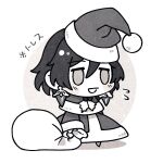  1boy blush_stickers capelet chibi chibi_only coat constantine_xi_(fate) earrings fate/grand_order fate_(series) full_body fur-trimmed_capelet fur_coat fur_trim greyscale hair_between_eyes hat holding holding_sack holly jewelry looking_ahead meme monochrome no_nose open_mouth padoru_(meme) sack santa_hat shooou_0104 short_hair solo translation_request 