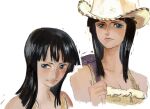  bag black_hair blue_eyes blunt_bangs close-up closed_mouth commentary_request cowboy_hat hat highres linerynlasgalen looking_to_the_side medium_hair multiple_viewer nico_robin one_piece purple_bag shirt shoulder_bag simple_background sleeveless sleeveless_shirt upper_body white_background yellow_shirt 