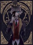  1boy absurdres animal_ear_fluff animal_ears arm_behind_back black_bow black_coat black_hat black_necktie black_sclera blue_eyes bow card cat_boy cat_ears closed_mouth coat collared_shirt colored_sclera commentary_request gloves grey_hair hair_bow hand_up hands_up hat heterochromia highres holding holding_card identity_v jiz_(pffbq) joseph_desaulniers joseph_desaulniers_(moonlight_gentleman) long_sleeves looking_at_viewer male_focus mini_hat mini_top_hat necktie red_eyes red_vest shirt slit_pupils smile top_hat upper_body vest 