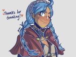  1girl ahoge blue_eyes braid capelet fire_emblem fire_emblem_fates hairband harness highres hood hooded_capelet long_hair looking_at_viewer low_twin_braids low_twintails mirensiart nina_(fire_emblem) o-ring o-ring_harness one_eye_closed parted_bangs red_hood twin_braids twintails 