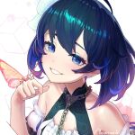  1girl blue_eyes blue_hair bug butterfly colored_inner_hair dress flower hair_flower hair_ornament highres honkai_(series) honkai_impact_3rd looking_at_viewer mihoyo miramarin multicolored_hair red_butterfly seele_vollerei short_hair smile 