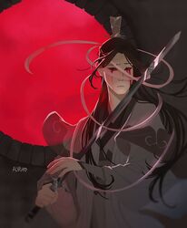  2boys alyruko black_hair blank_eyes blood blood_from_eyes blood_on_face chinese_clothes colored_skin crying dark_background frown grey_eyes grey_hanfu grey_skin hanfu holding holding_sword holding_weapon layered_clothes layered_sleeves long_hair long_sleeves looking_at_viewer male_focus missing_eye modao_zushi multiple_boys parted_bangs parted_lips red_eyes red_light reflection reflective_surface ribbon song_lan sword upper_body veiny_face weapon white_ribbon wide_sleeves window xiao_guan_(headdress) xiao_xingchen 