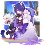  acheron_(honkai:_star_rail) animal_ears black_choker black_gloves black_swan_(honkai:_star_rail) blurry blurry_background chibi chinese_commentary chinese_text choker colored_extremities detached_sleeves gloves hair_ornament hair_over_one_eye hairclip highres holding_another&#039;s_arm holding_hands honkai:_star_rail honkai_(series) jewelry long_hair looking_at_another multiple_girls multiple_rings profile purple_hair purple_veil red_eyes red_hands ring roymsygxelaxpgk tail thought_bubble upper_body violet_eyes white_background white_hair yellow_eyes yuri 
