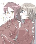  2girls absurdres alternate_hairstyle blue_eyes blush brown_eyes commentary_request grey_hair highres hugging_own_legs jacket long_hair long_sleeves looking_at_another love_live! love_live!_sunshine!! multiple_girls open_mouth pants ponytail red_jacket red_pants redhead sakurauchi_riko short_hair single_sidelock sitting sparkle teeth track_jacket upper_body upper_teeth_only watanabe_you yuchi_(salmon-1000) 