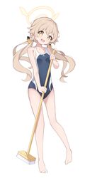  1girl absurdres bare_arms bare_legs bare_shoulders barefoot blue_archive blue_one-piece_swimsuit broom commentary_request full_body hair_ornament halo hifumi_(blue_archive) highres light_brown_hair long_hair looking_at_viewer low_twintails one-piece_swimsuit open_mouth school_swimsuit solo swimsuit twintails white_background yellow_eyes yoi0341 